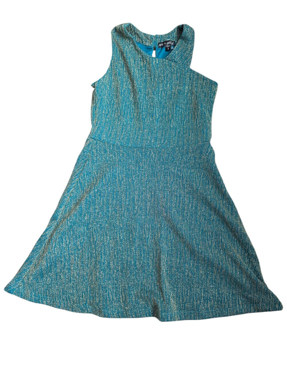 Ava & Yelly Girls Teal Gold Shimmer Twirl Dress Keyhole Back Size 8